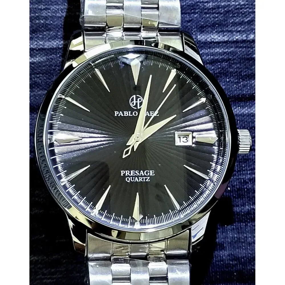 New Vintage Pablo Raez 40mm Mens Slv Blk Steel Presage‎ Watch